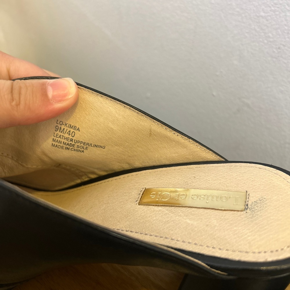 Louise et Cie Kimba Black Leather Block Heel Mules Gold Buckle Open Toe 9M - Picture 3 of 11